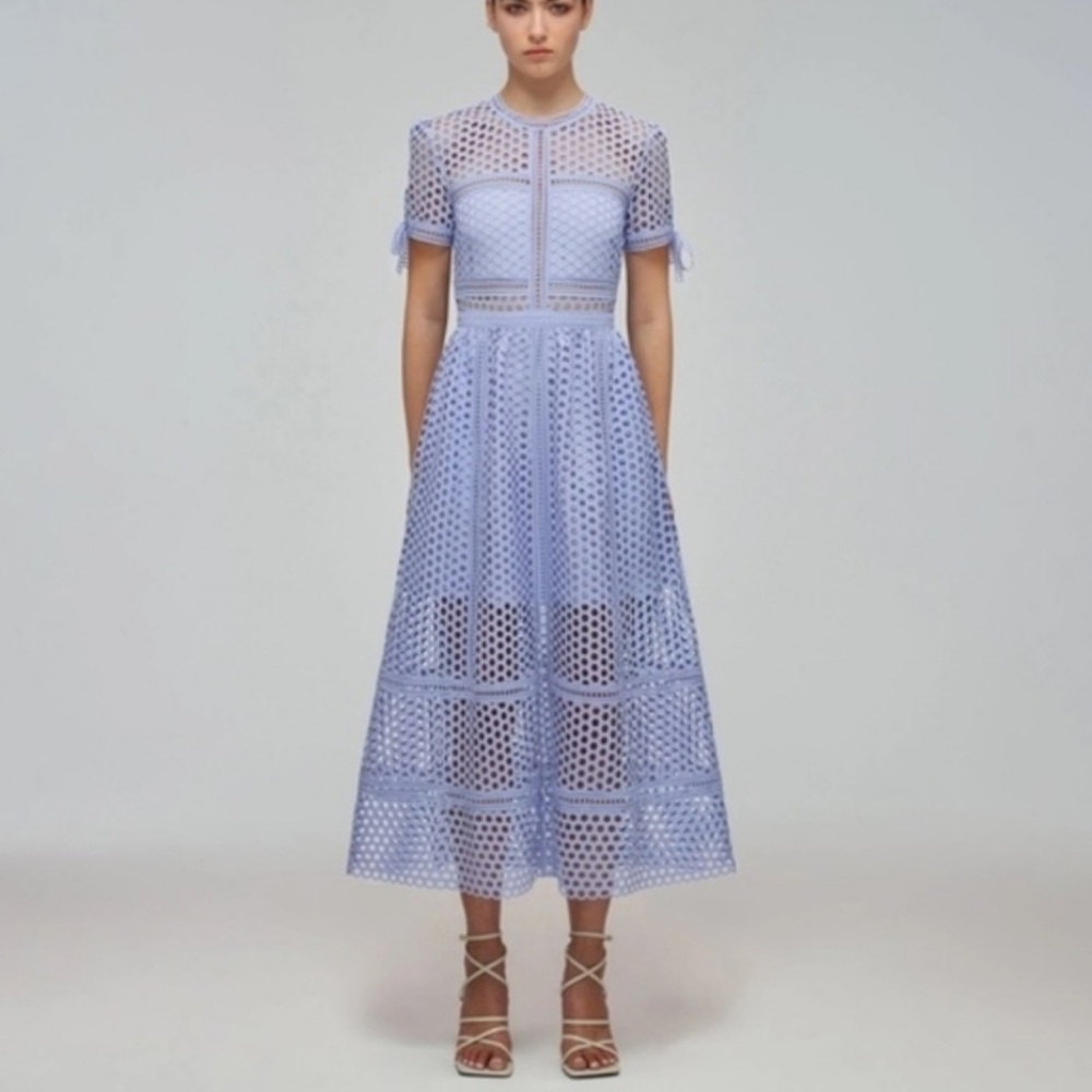 Self-Portrait Lilac Blue Guipure Lace Midi Dress $555 sz US 2